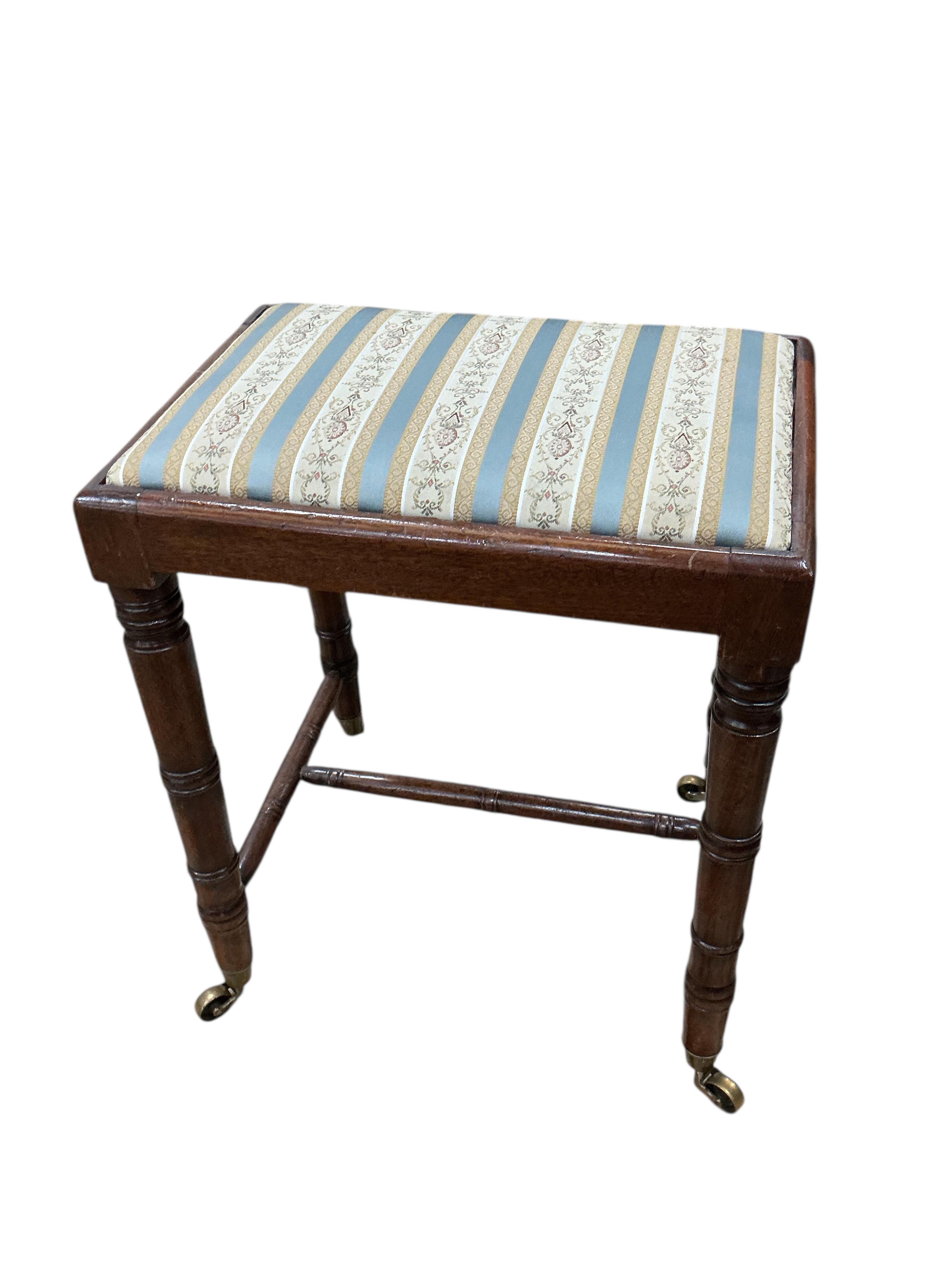 A set of five Edwardian Sheraton revival mahogany and marquetry dining chairs, one with arms, and a Victorian dressing stool